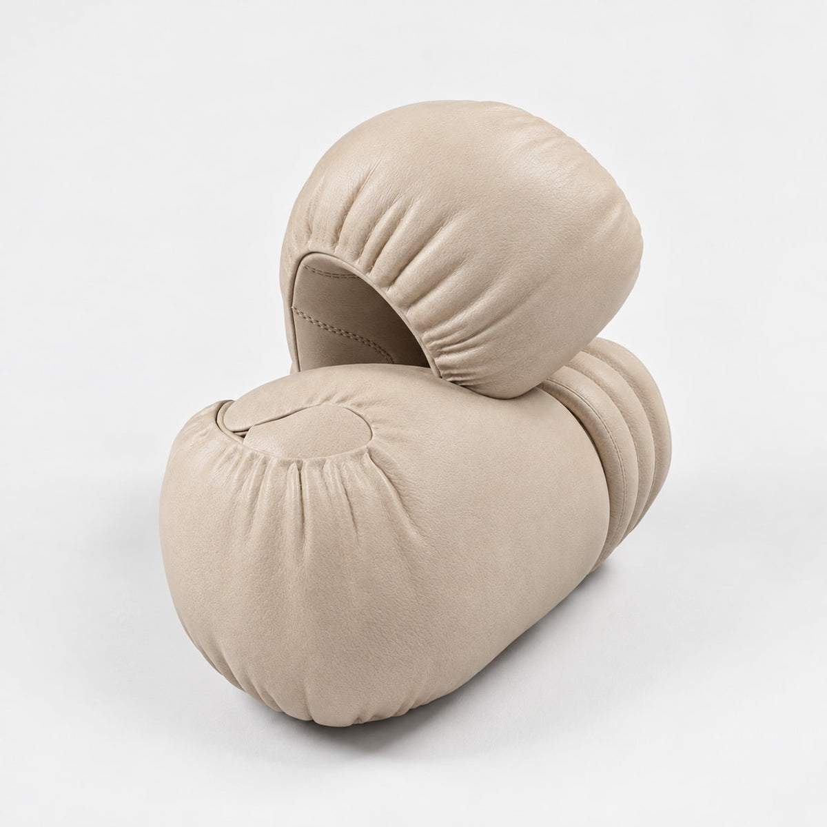 Naum Boxing Gloves — angled view; Grey Ash wood, beige leather and natural stainless steel where applicable. FYSIK studio finish study — October 2026. Representative configuration.