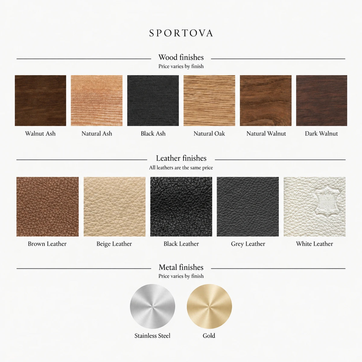 PENT finish guide: six wood finishes, five leather finishes, stainless steel and gold. Wood and metal affect price; leather finishes are the same price.