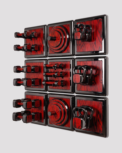 ALAMA twelve-module wall configuration example in ALPI Sottsass Red and black metal, with illustrative equipment. Standard offer: nine modules.