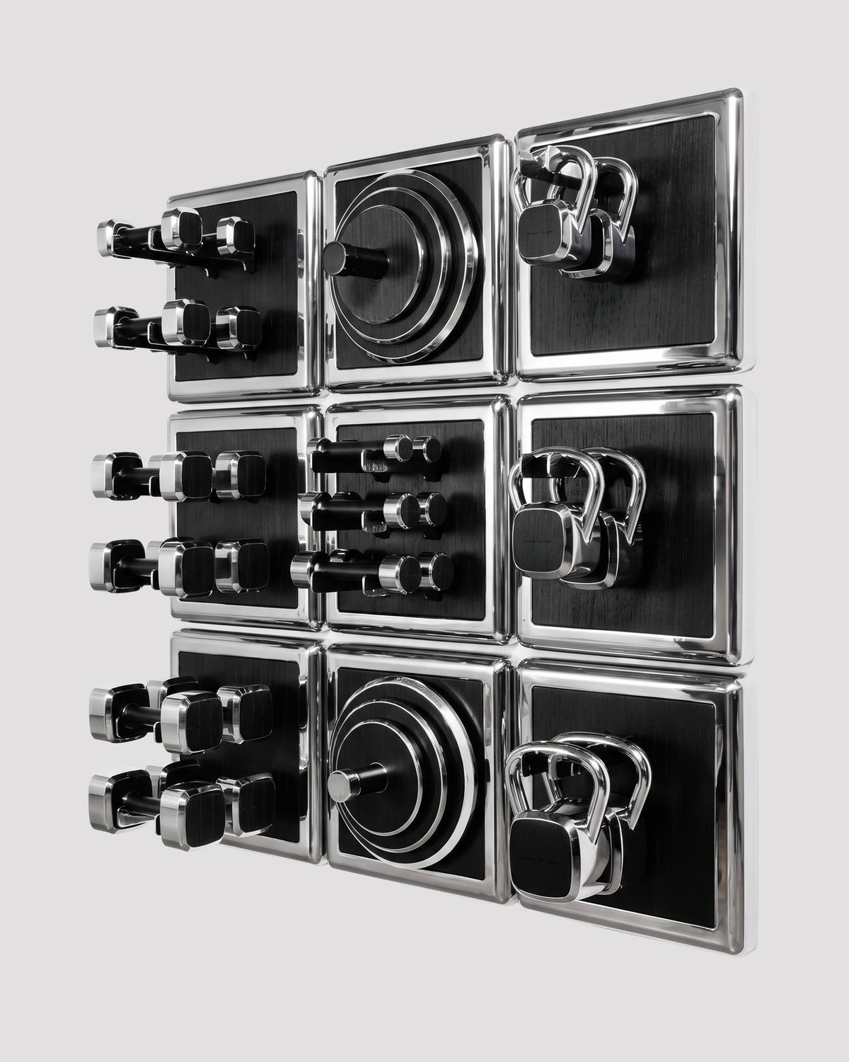 ALAMA twelve-module wall configuration example in ALPI Planked Black and mirror-polished steel, with illustrative equipment. Standard offer: nine modules.