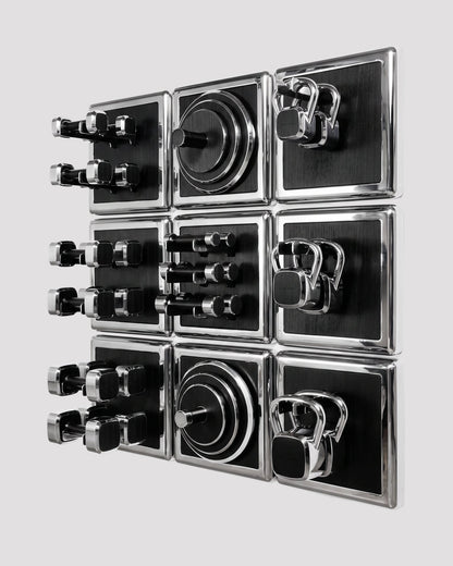 ALAMA twelve-module wall configuration example in ALPI Planked Black and mirror-polished steel, with illustrative equipment. Standard offer: nine modules.