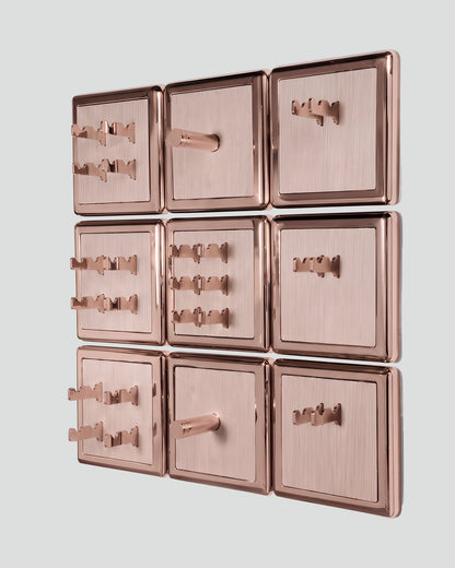 ALAMA twelve-module wall configuration example in ALPI Striped White and rose gold metal, storage-only view. Standard offer: nine modules.