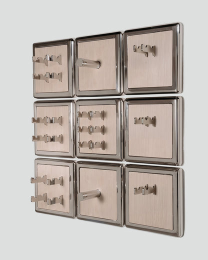 ALAMA twelve-module wall configuration example in ALPI Striped White and mirror-polished steel, storage-only view. Standard offer: nine modules.
