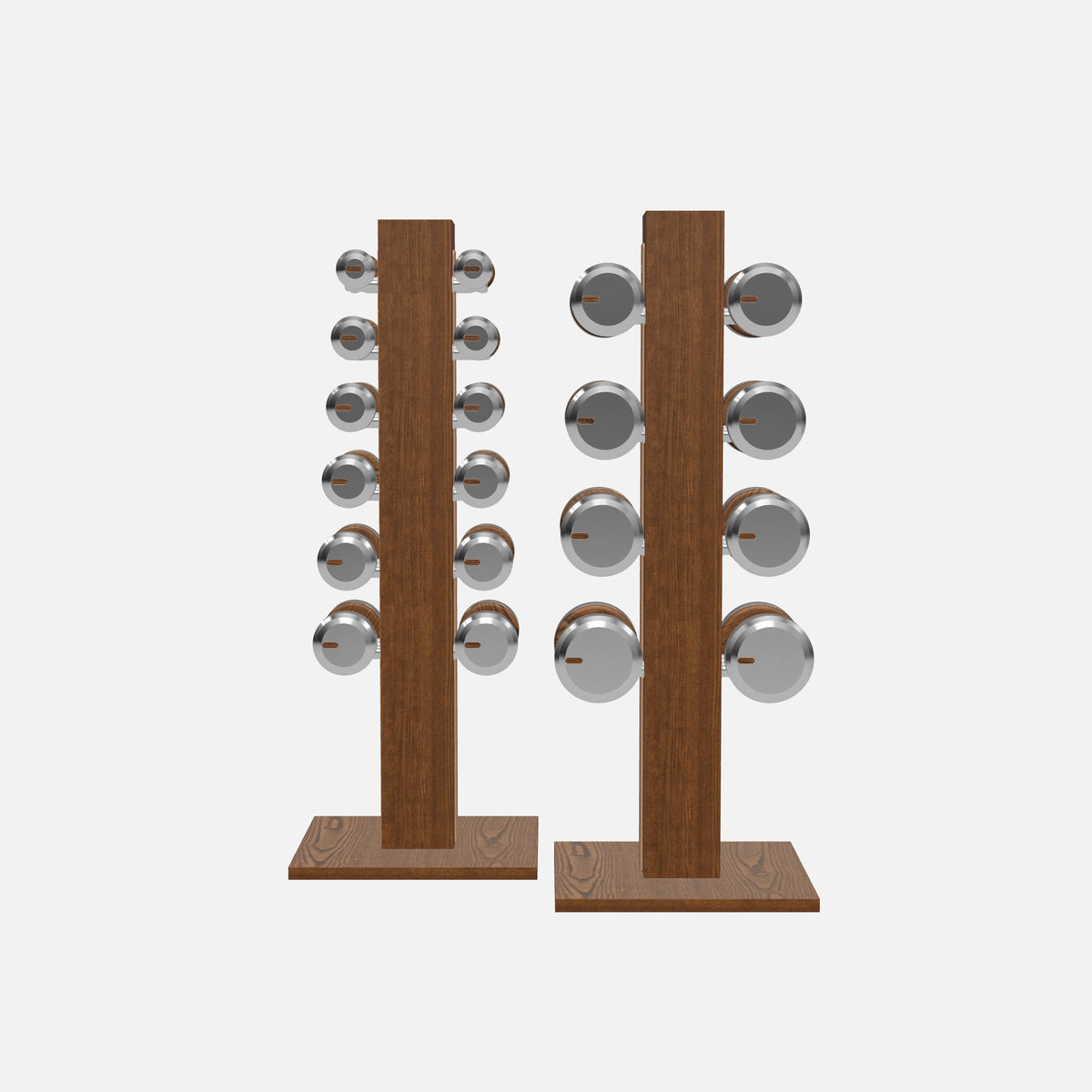 Colmia Vertical Weight Set, Full — current PENT 3D model, alternate full view; representative Stainless Steel, Walnut Ash and Brown leather finishes