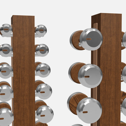 Colmia Vertical Weight Set, Full — current PENT 3D model, rack and equipment detail; representative Stainless Steel, Walnut Ash and Brown leather finishes