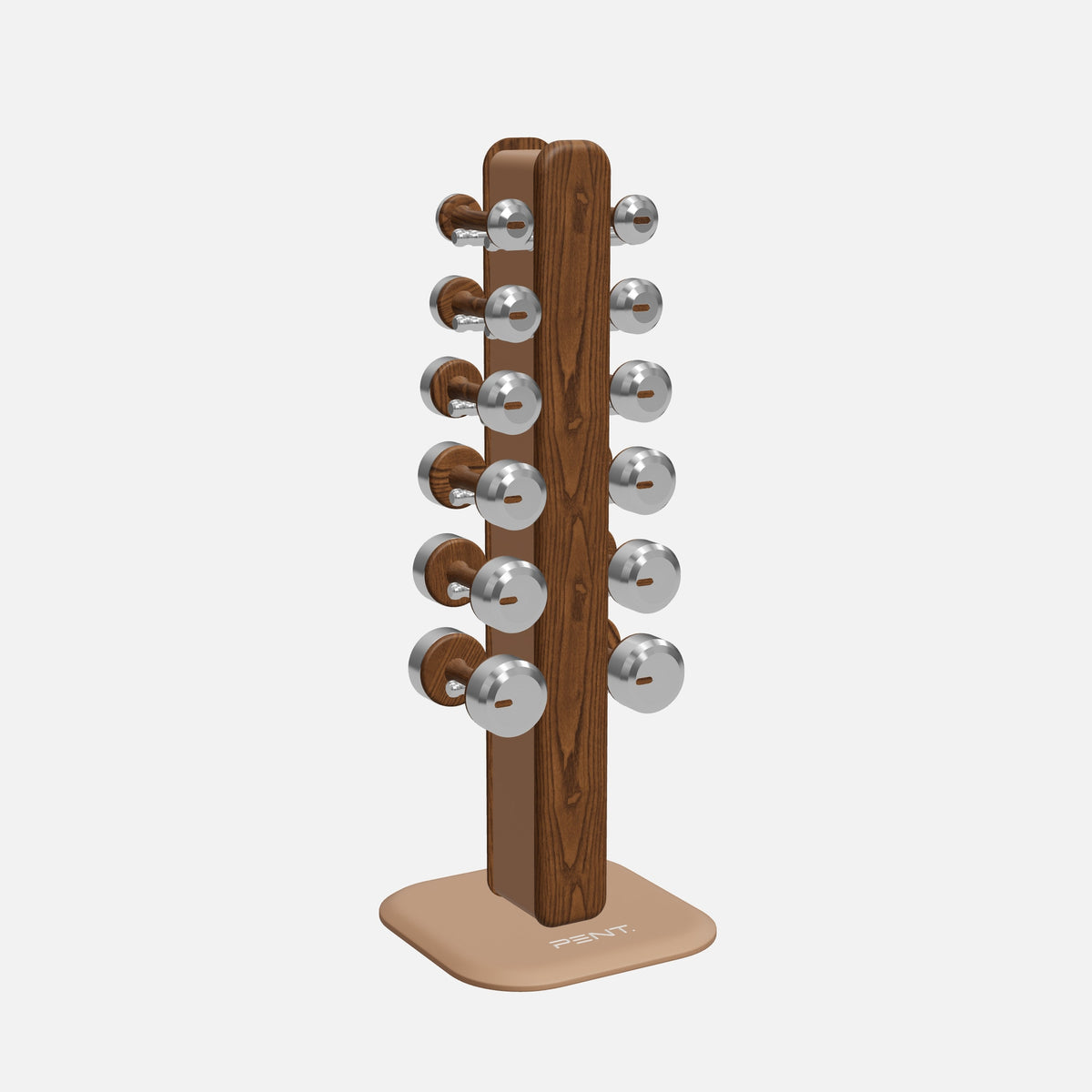 Colmia Vertical Weight Set, Light — current PENT 3D model, alternate full view; representative Stainless Steel, Walnut Ash and Brown leather finishes