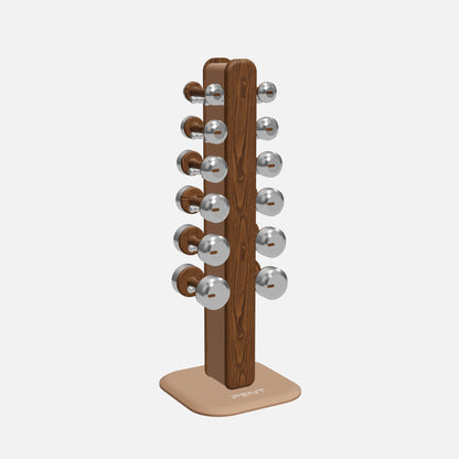 Colmia Vertical Weight Set, Light — current PENT 3D model, alternate full view; representative Stainless Steel, Walnut Ash and Brown leather finishes
