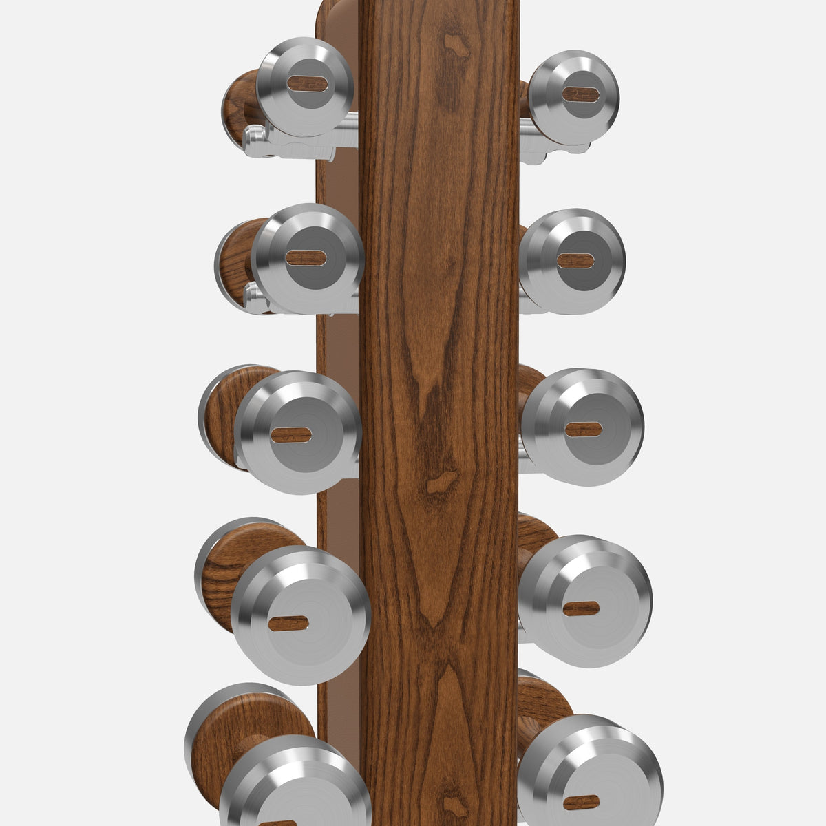 Colmia Vertical Weight Set, Light — current PENT 3D model, rack and equipment detail; representative Stainless Steel, Walnut Ash and Brown leather finishes
