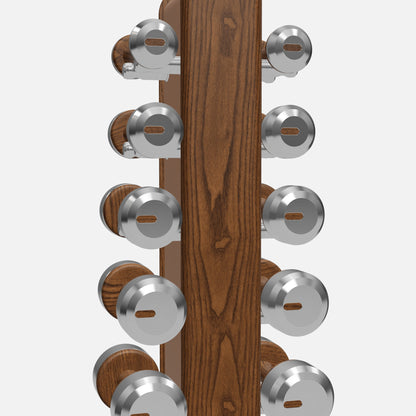 Colmia Vertical Weight Set, Light — current PENT 3D model, rack and equipment detail; representative Stainless Steel, Walnut Ash and Brown leather finishes