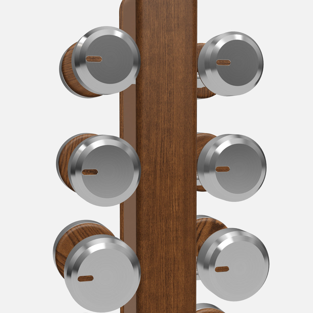 Colmia Vertical Weight Set, Power — current PENT 3D model, rack and equipment detail; representative Stainless Steel, Walnut Ash and Brown leather finishes