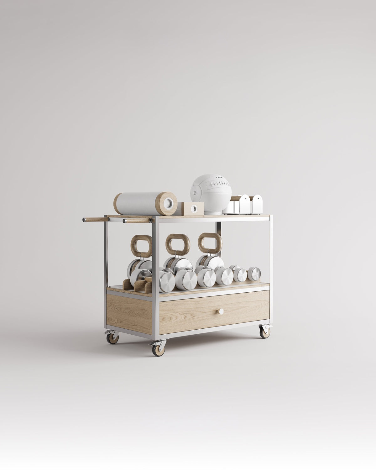 Kenn Training Cart by FYSIK — supplier view 1; representative wood, leather and stainless-steel finish