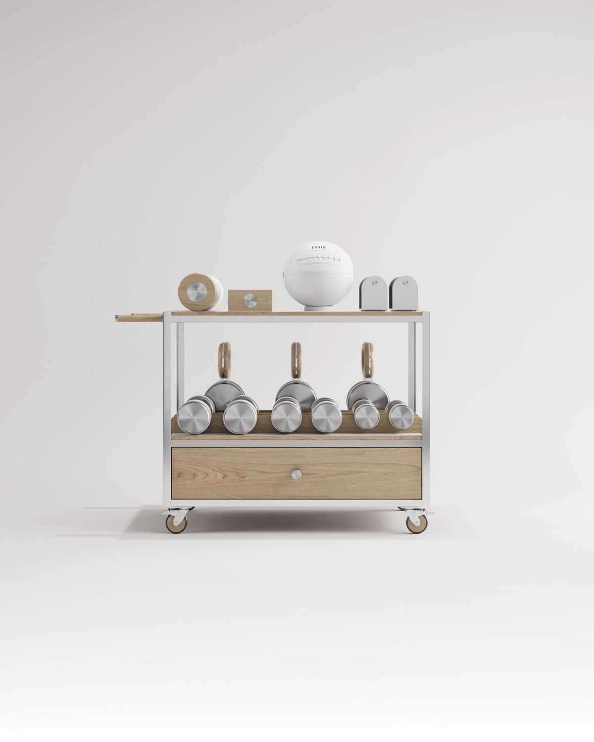 Kenn Training Cart by FYSIK — supplier view 2; representative wood, leather and stainless-steel finish