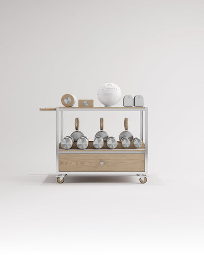 Kenn Training Cart by FYSIK — supplier view 2; representative wood, leather and stainless-steel finish