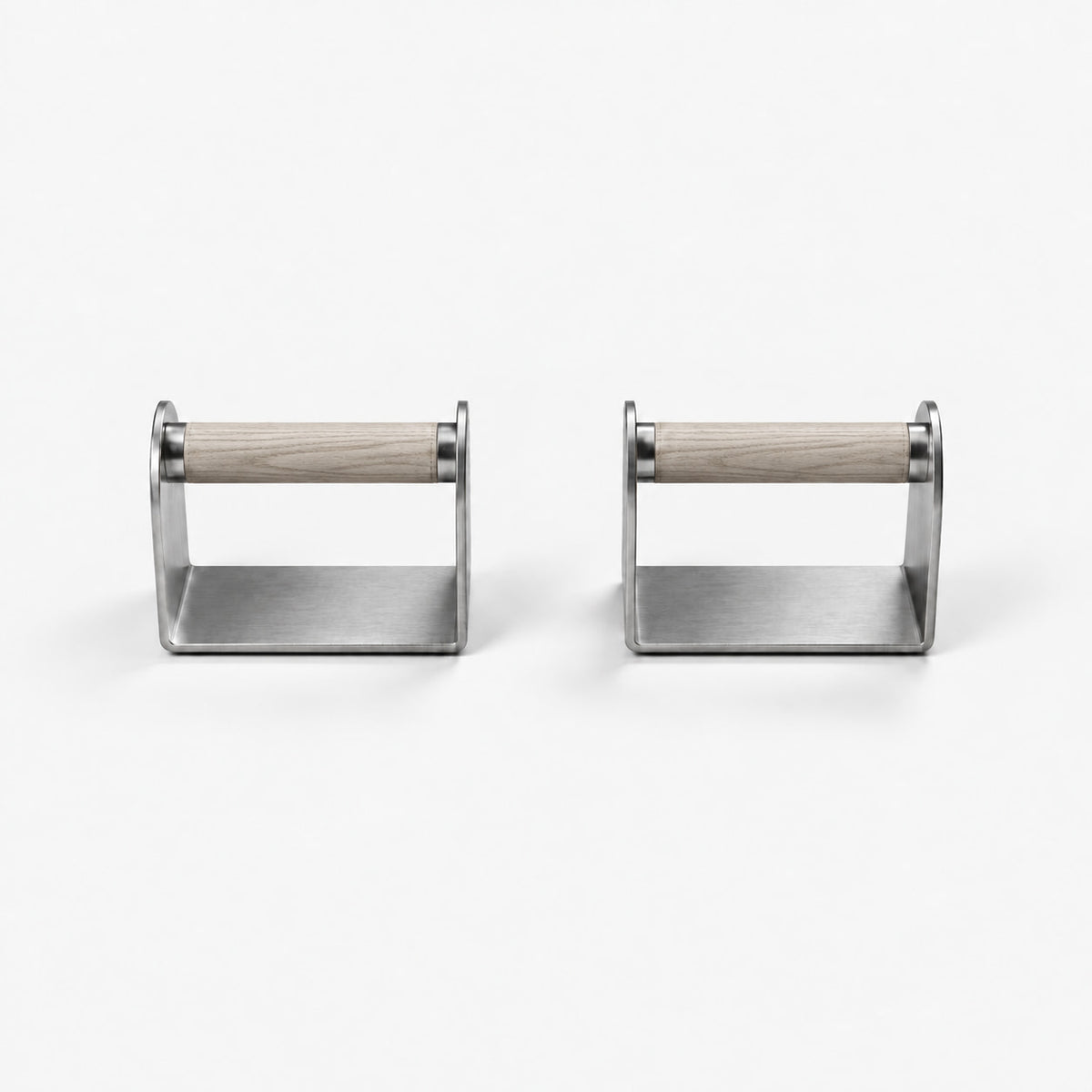Dann Pushup Bars — front view; Grey Ash wood grips and natural stainless steel. FYSIK studio finish study — October 2026. Representative configuration.