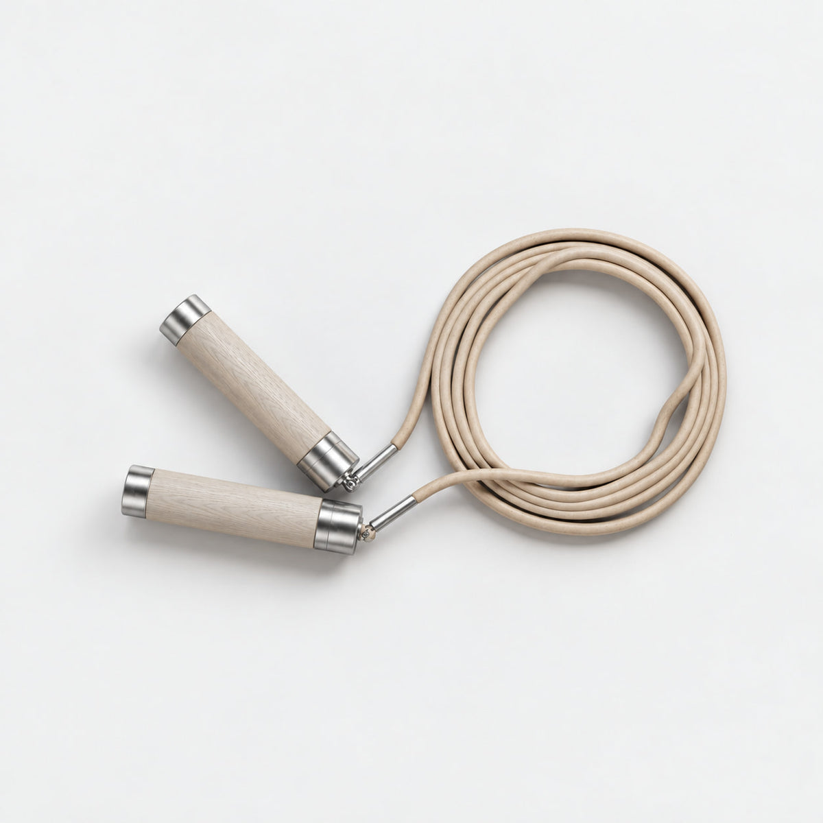 Dod Jump Rope — front view; Grey Ash wood, beige leather and natural stainless steel where applicable. FYSIK studio finish study — October 2026. Representative configuration.