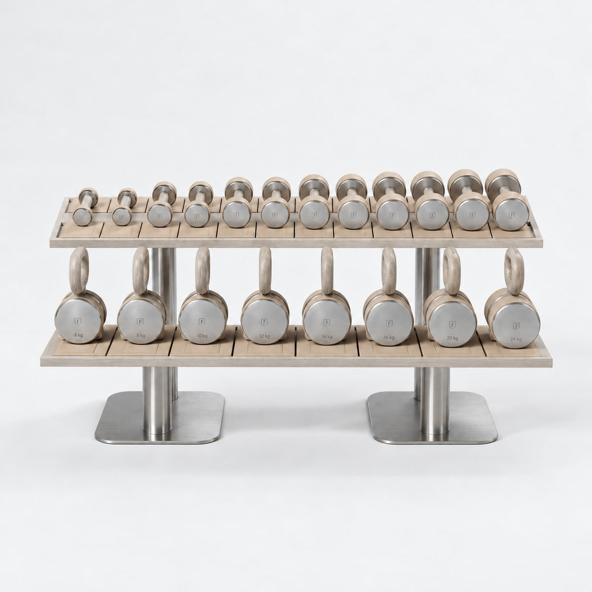 Fysik Horizontal 2 Tier Combo Rack — front view; Grey Ash wood, beige leather and natural stainless steel where applicable. FYSIK studio finish study — October 2026. Representative configuration.