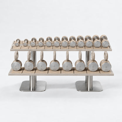 Fysik Horizontal 2 Tier Combo Rack — front view; Grey Ash wood, beige leather and natural stainless steel where applicable. FYSIK studio finish study — October 2026. Representative configuration.