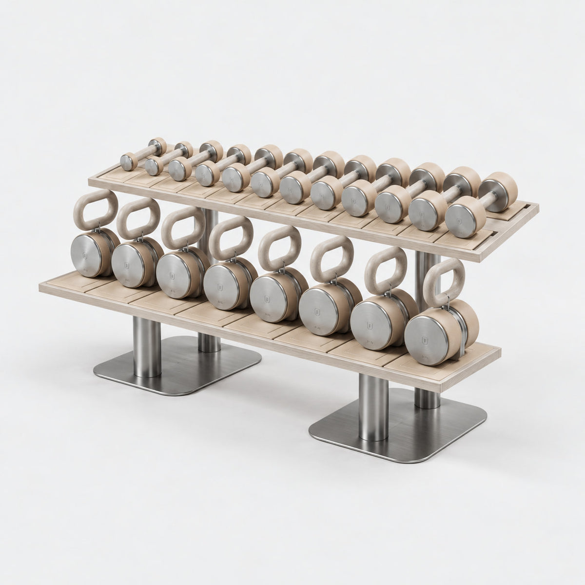 Fysik Horizontal 2 Tier Combo Rack — angled view; Grey Ash wood, beige leather and natural stainless steel where applicable. FYSIK studio finish study — October 2026. Representative configuration.