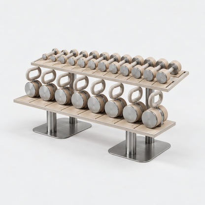 Fysik Horizontal 2 Tier Combo Rack — angled view; Grey Ash wood, beige leather and natural stainless steel where applicable. FYSIK studio finish study — October 2026. Representative configuration.