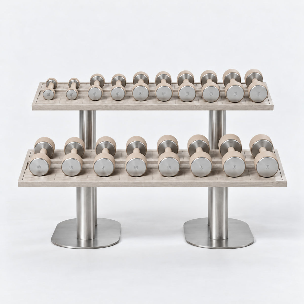 Fysik Horizontal 2 Tier Dumbbell Rack — front view; Grey Ash wood, beige leather and natural stainless steel where applicable. FYSIK studio finish study — October 2026. Representative configuration.