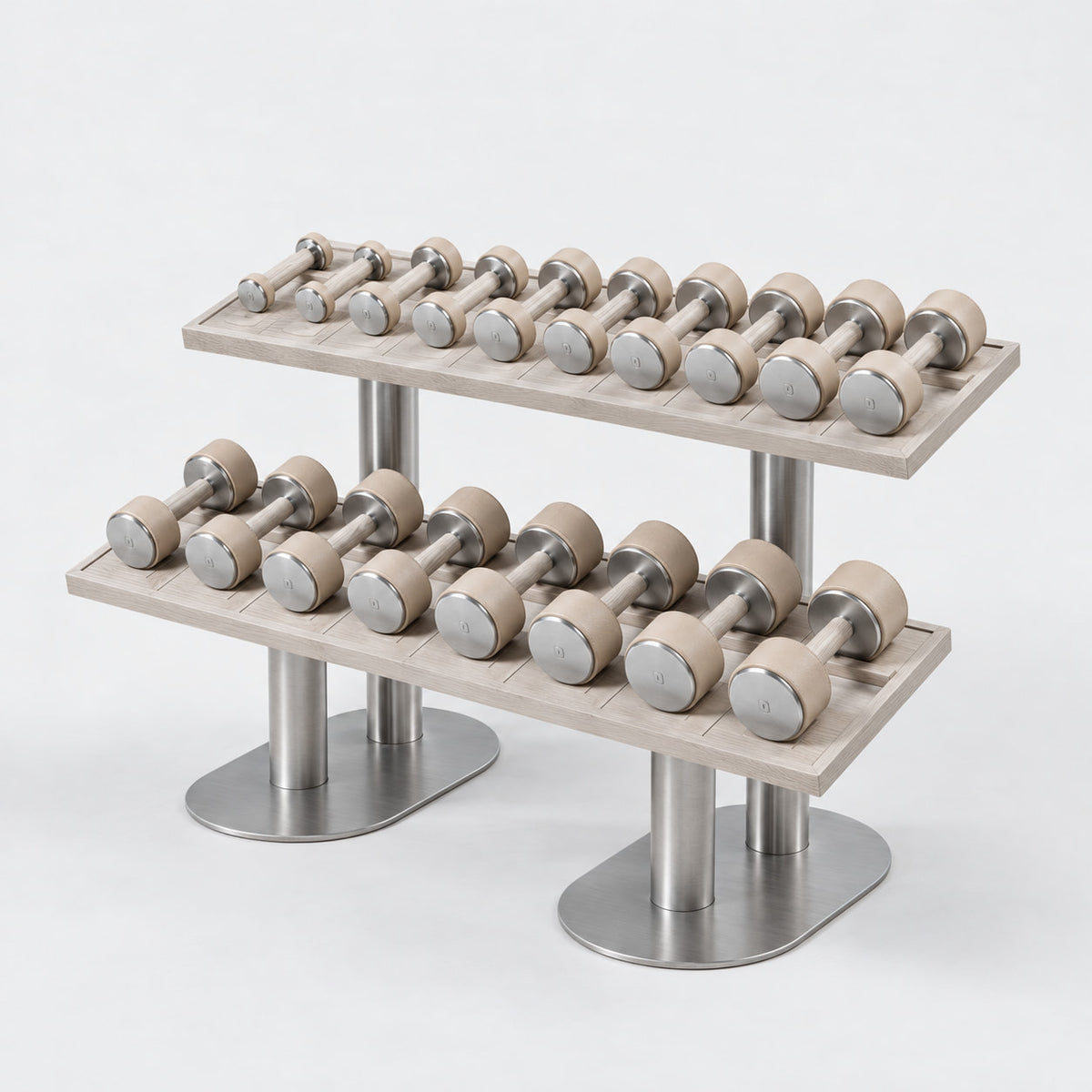 Fysik Horizontal 2 Tier Dumbbell Rack — angled view; Grey Ash wood, beige leather and natural stainless steel where applicable. FYSIK studio finish study — October 2026. Representative configuration.