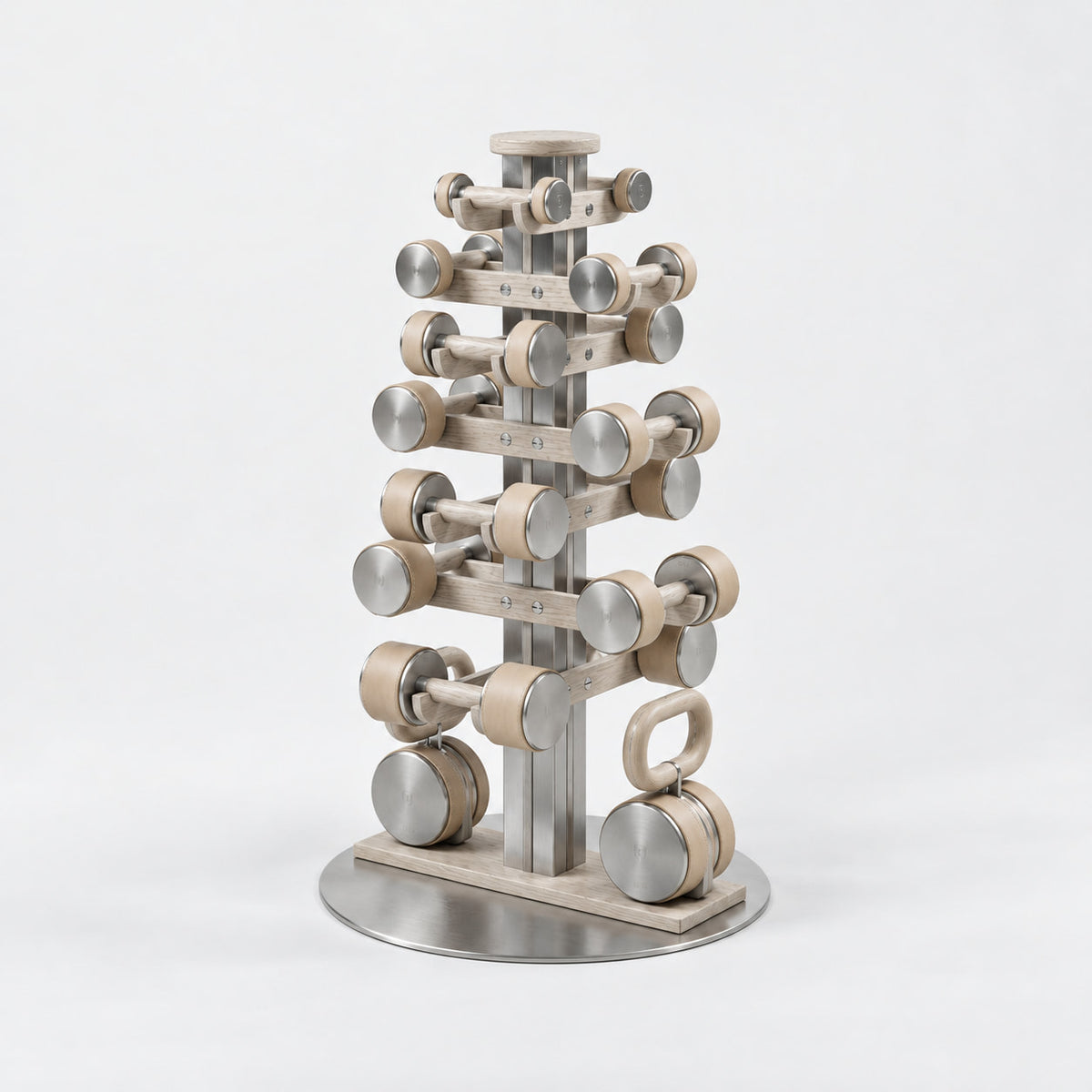 Fysik Vertical Combo Tower — angled view; Grey Ash wood, beige leather and natural stainless steel where applicable. FYSIK studio finish study — October 2026. Representative configuration.