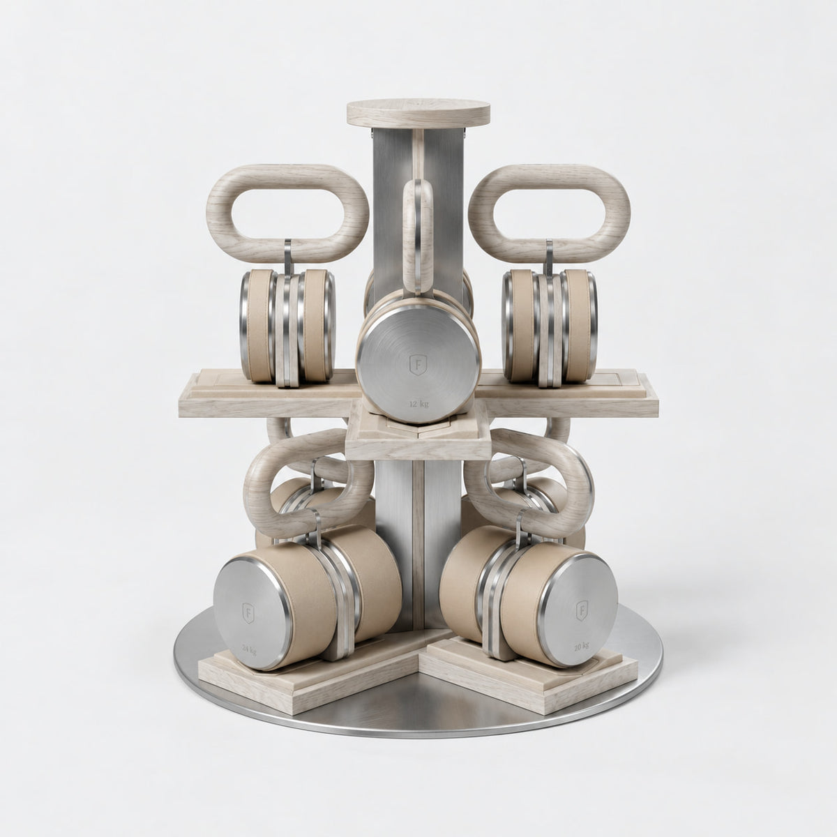 Fysik Vertical Kettlebell Tower — front view; Grey Ash wood, beige leather and natural stainless steel where applicable. FYSIK studio finish study — October 2026. Representative configuration.