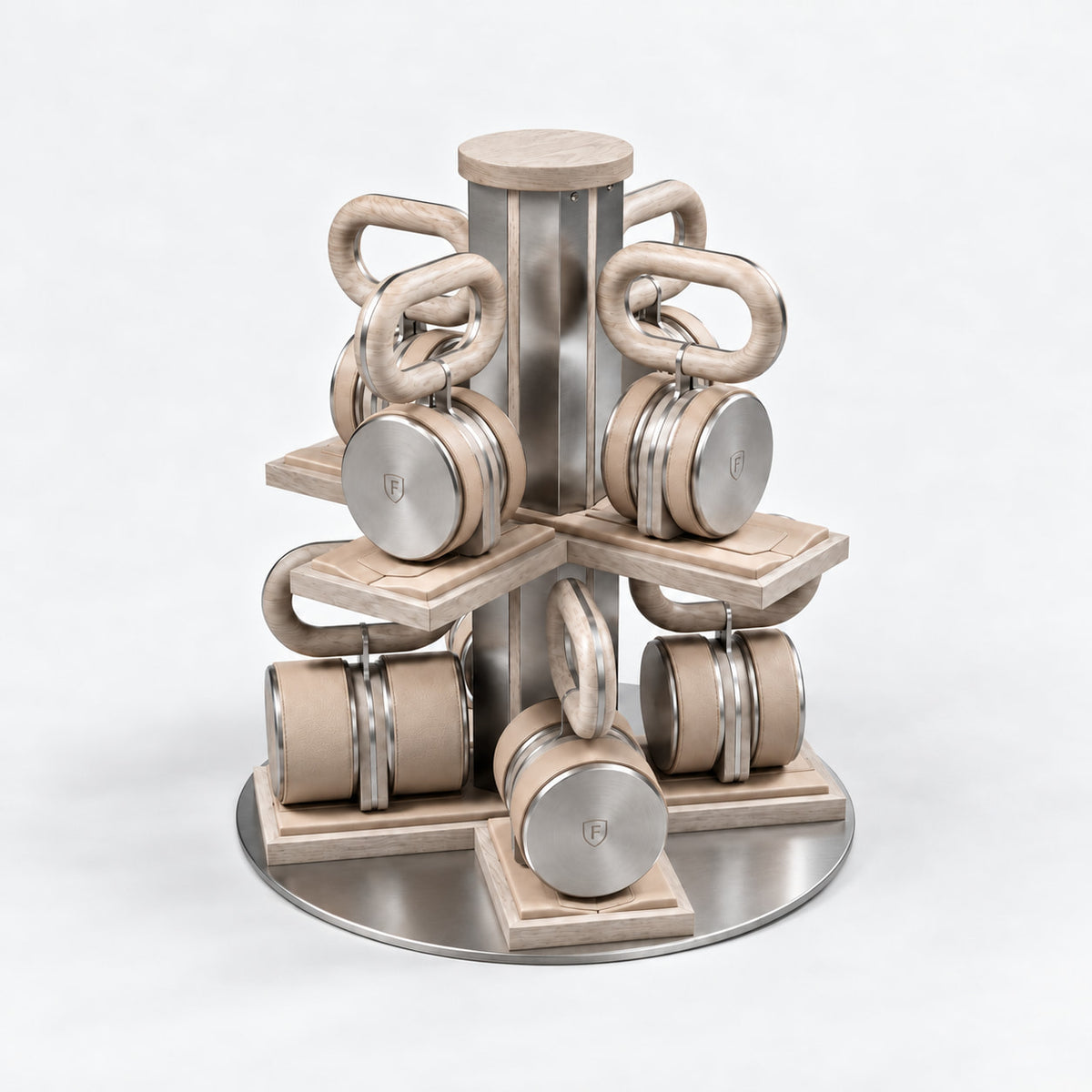Fysik Vertical Kettlebell Tower — angled view; Grey Ash wood, beige leather and natural stainless steel where applicable. FYSIK studio finish study — October 2026. Representative configuration.