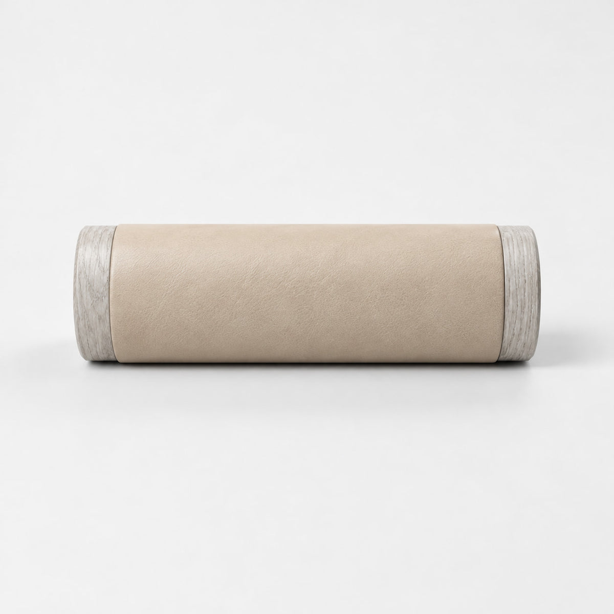 Gling Muscle Roller — front view; Grey Ash wood, beige leather and natural stainless steel where applicable. FYSIK studio finish study — October 2026. Representative configuration.