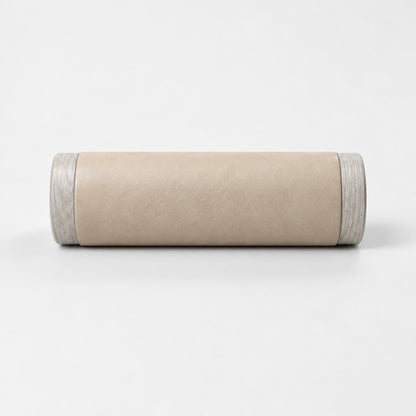 Gling Muscle Roller — front view; Grey Ash wood, beige leather and natural stainless steel where applicable. FYSIK studio finish study — October 2026. Representative configuration.