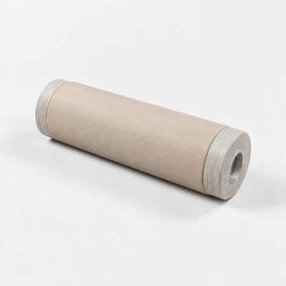 Gling Muscle Roller — angled view; Grey Ash wood, beige leather and natural stainless steel where applicable. FYSIK studio finish study — October 2026. Representative configuration.