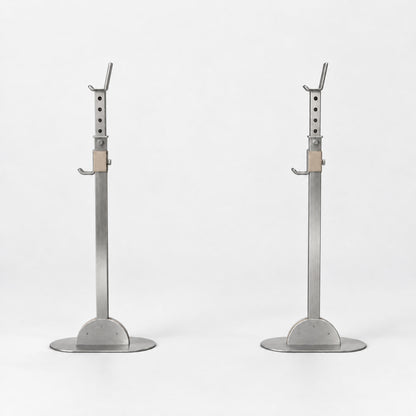 Khun Barbell Rack — front view; Grey Ash wood, beige leather and natural stainless steel where applicable. FYSIK studio finish study — October 2026. Representative configuration.