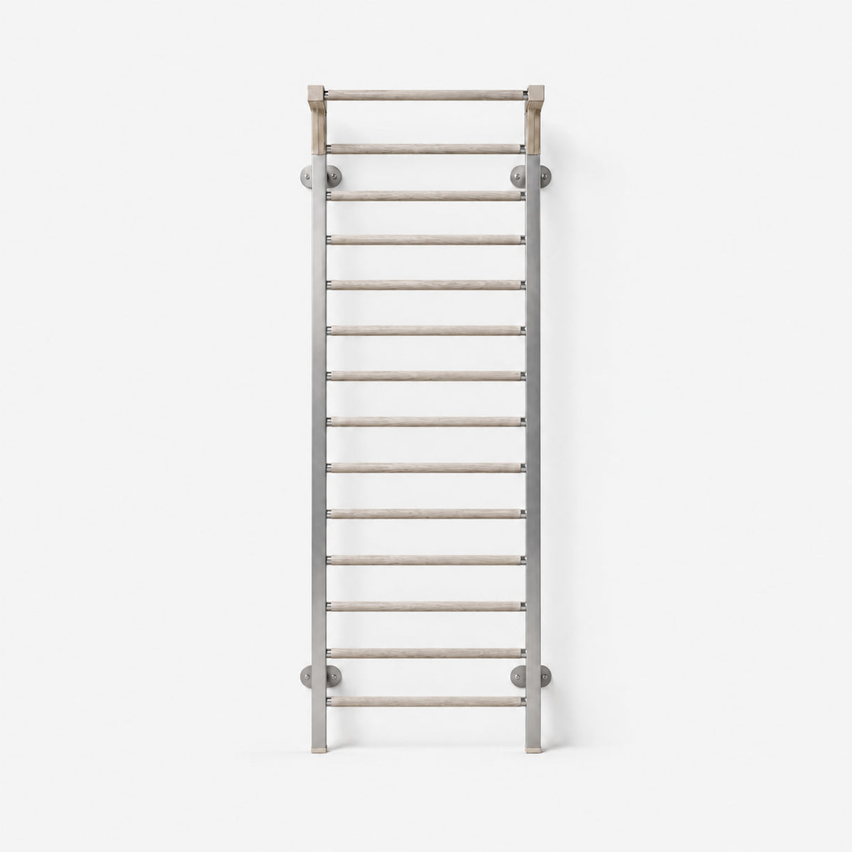 Ling Stall Bars — front view; Grey Ash wood, beige leather and natural stainless steel where applicable. FYSIK studio finish study — October 2026. Representative configuration.