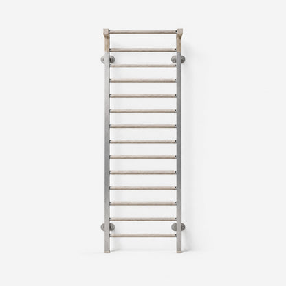 Ling Stall Bars — front view; Grey Ash wood, beige leather and natural stainless steel where applicable. FYSIK studio finish study — October 2026. Representative configuration.
