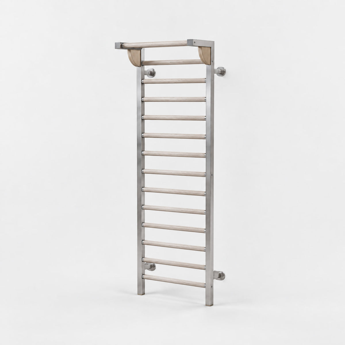 Ling Stall Bars — angled view; Grey Ash wood, beige leather and natural stainless steel where applicable. FYSIK studio finish study — October 2026. Representative configuration.