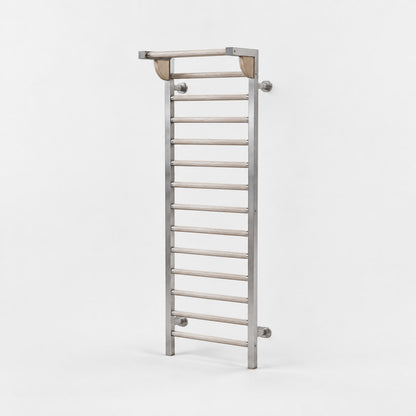 Ling Stall Bars — angled view; Grey Ash wood, beige leather and natural stainless steel where applicable. FYSIK studio finish study — October 2026. Representative configuration.