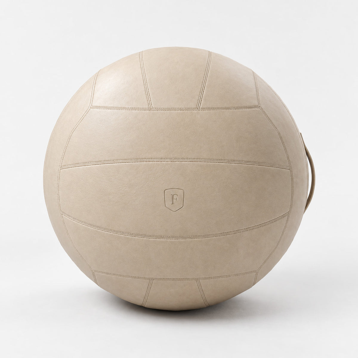 Lom Leather Fitness Ball — front view; Grey Ash wood, beige leather and natural stainless steel where applicable. FYSIK studio finish study — October 2026. Representative configuration.