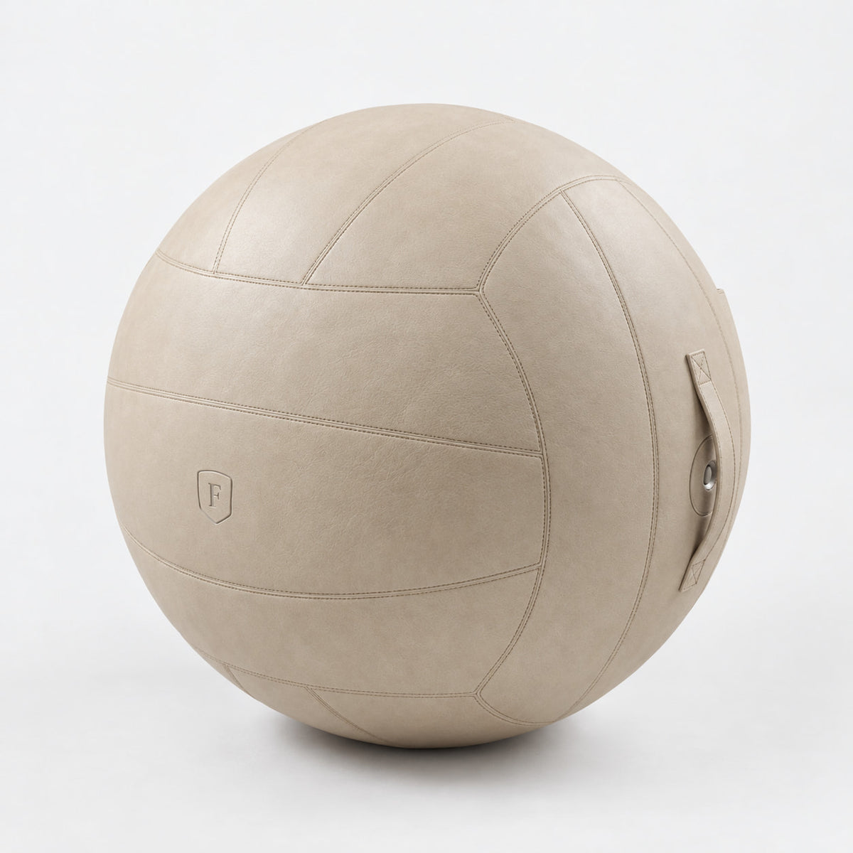 Lom Leather Fitness Ball — angled view; Grey Ash wood, beige leather and natural stainless steel where applicable. FYSIK studio finish study — October 2026. Representative configuration.