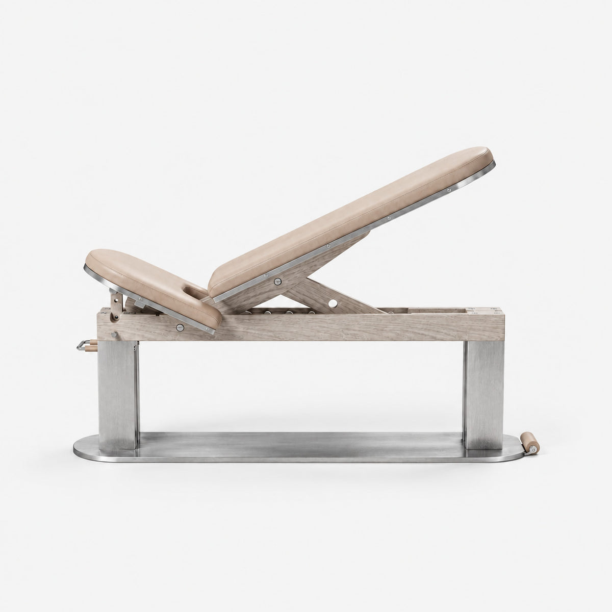 Nang Adjustable Gym Bench — front view; Grey Ash wood, beige leather and natural stainless steel where applicable. FYSIK studio finish study — October 2026. Representative configuration.