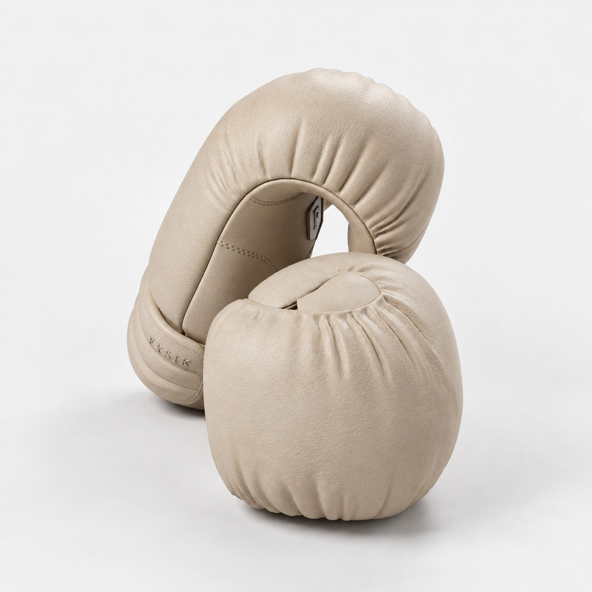 Naum Boxing Gloves — front view; Grey Ash wood, beige leather and natural stainless steel where applicable. FYSIK studio finish study — October 2026. Representative configuration.