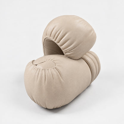 Naum Boxing Gloves — angled view; Grey Ash wood, beige leather and natural stainless steel where applicable. FYSIK studio finish study — October 2026. Representative configuration.