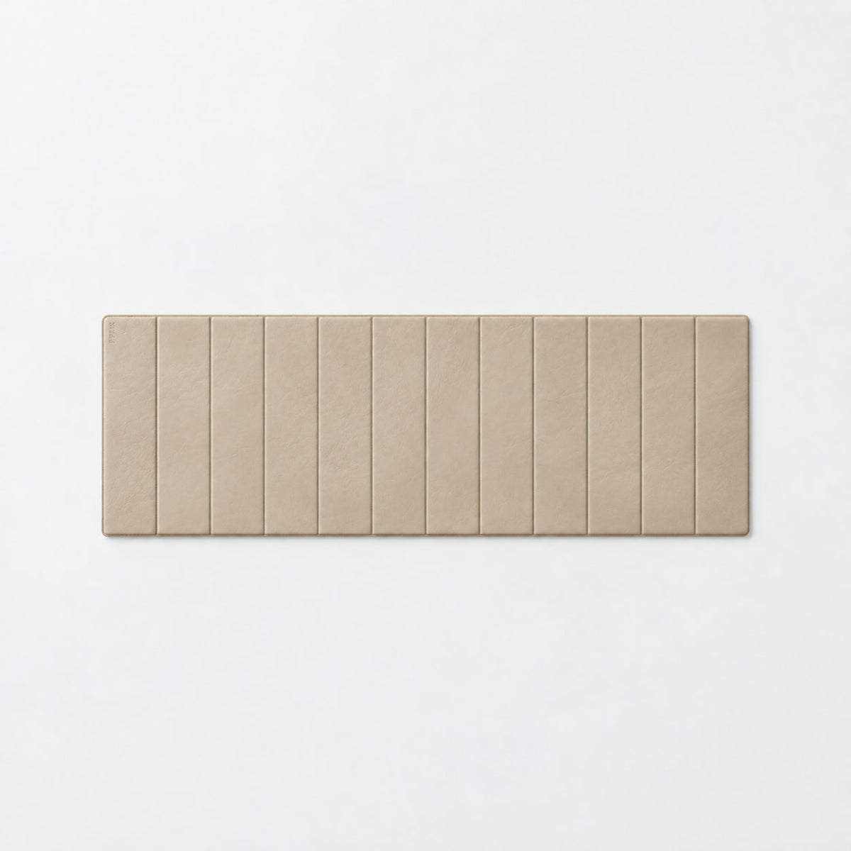 Phap Exercise Mat — front view; Grey Ash wood, beige leather and natural stainless steel where applicable. FYSIK studio finish study — October 2026. Representative configuration.