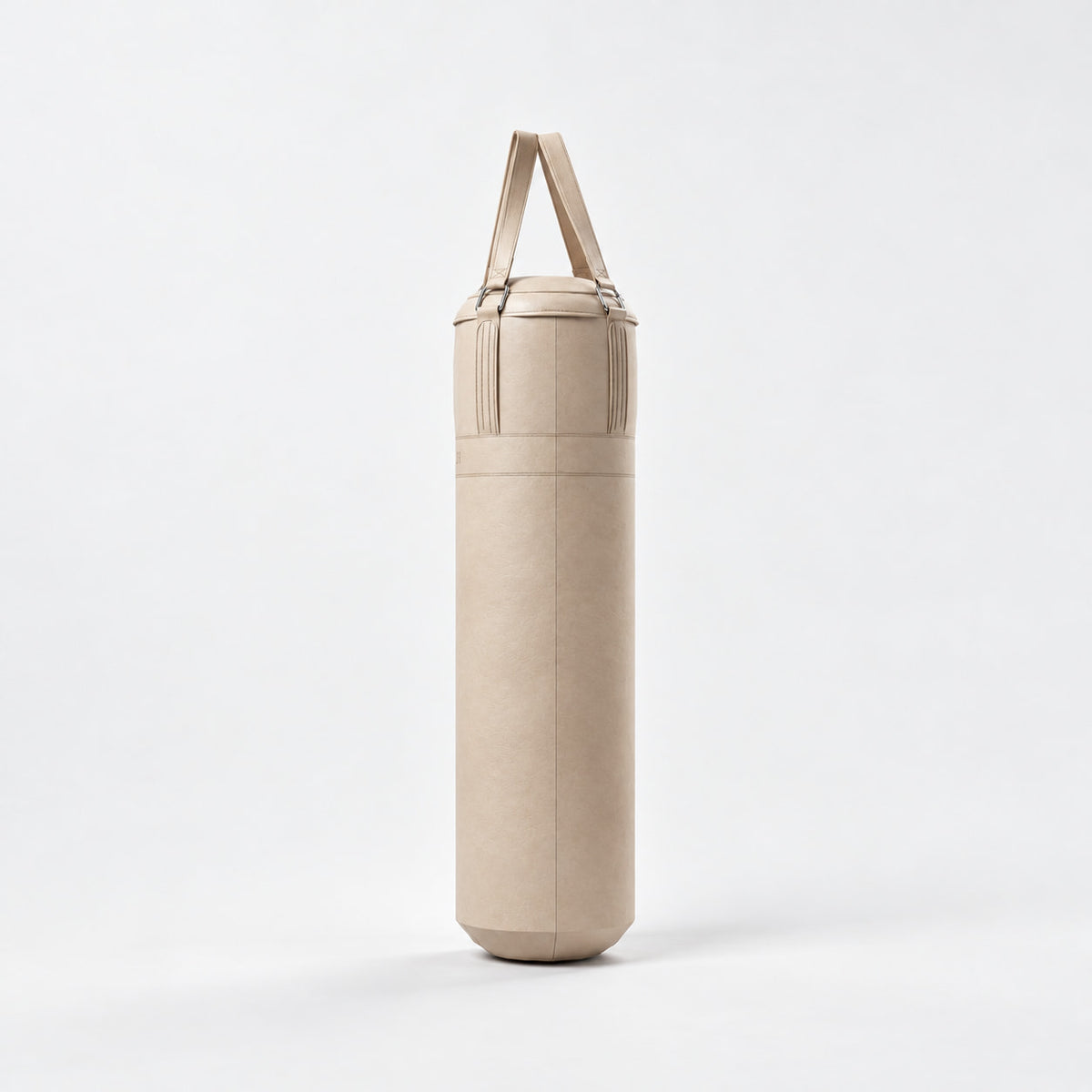 Sai Boxing Bag — front view; Grey Ash wood, beige leather and natural stainless steel where applicable. FYSIK studio finish study — October 2026. Representative configuration.