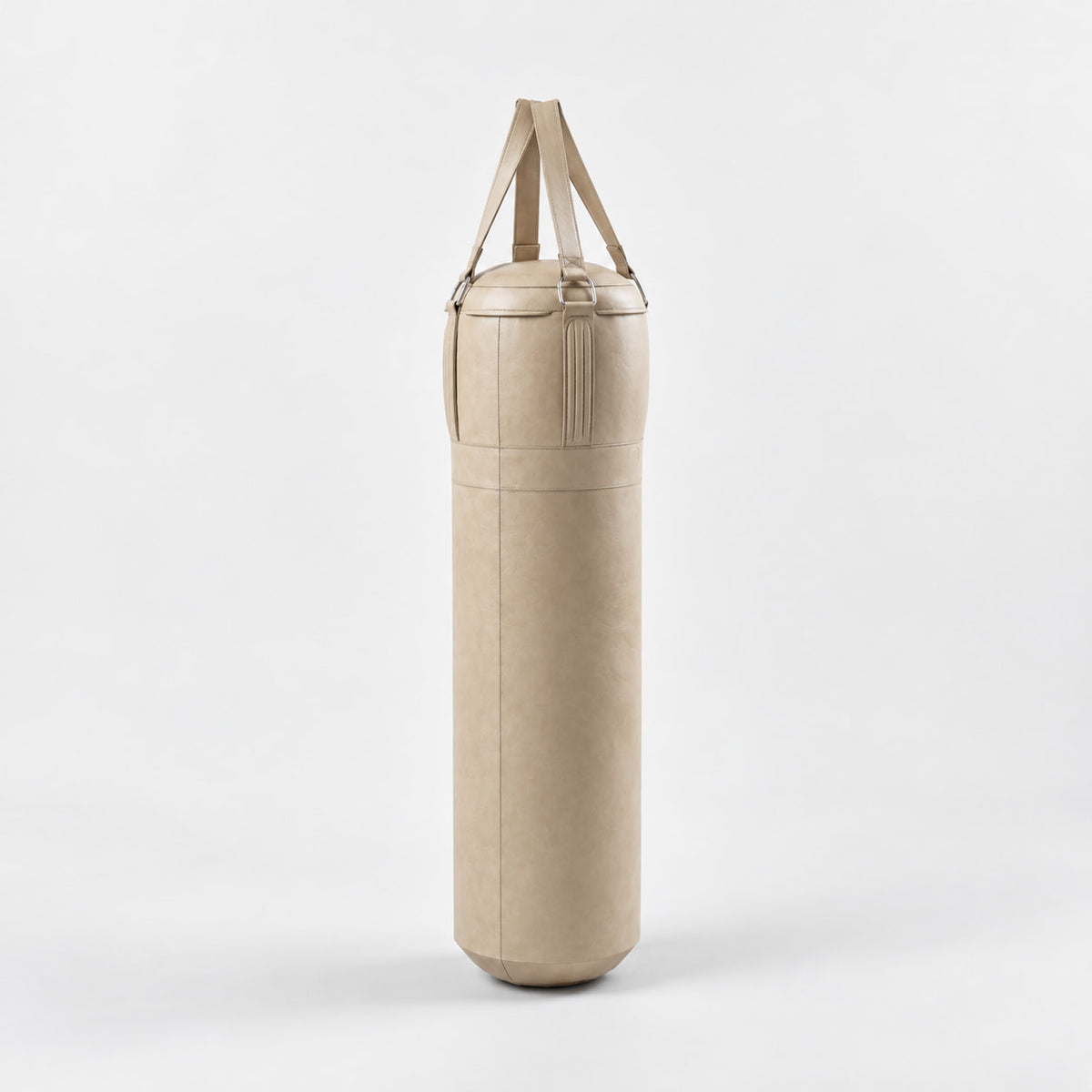 Sai Boxing Bag — angled view; Grey Ash wood, beige leather and natural stainless steel where applicable. FYSIK studio finish study — October 2026. Representative configuration.