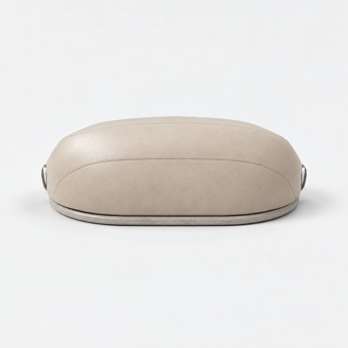 Tao Half Dome — front view; Grey Ash wood, beige leather and natural stainless steel where applicable. FYSIK studio finish study — October 2026. Representative configuration.