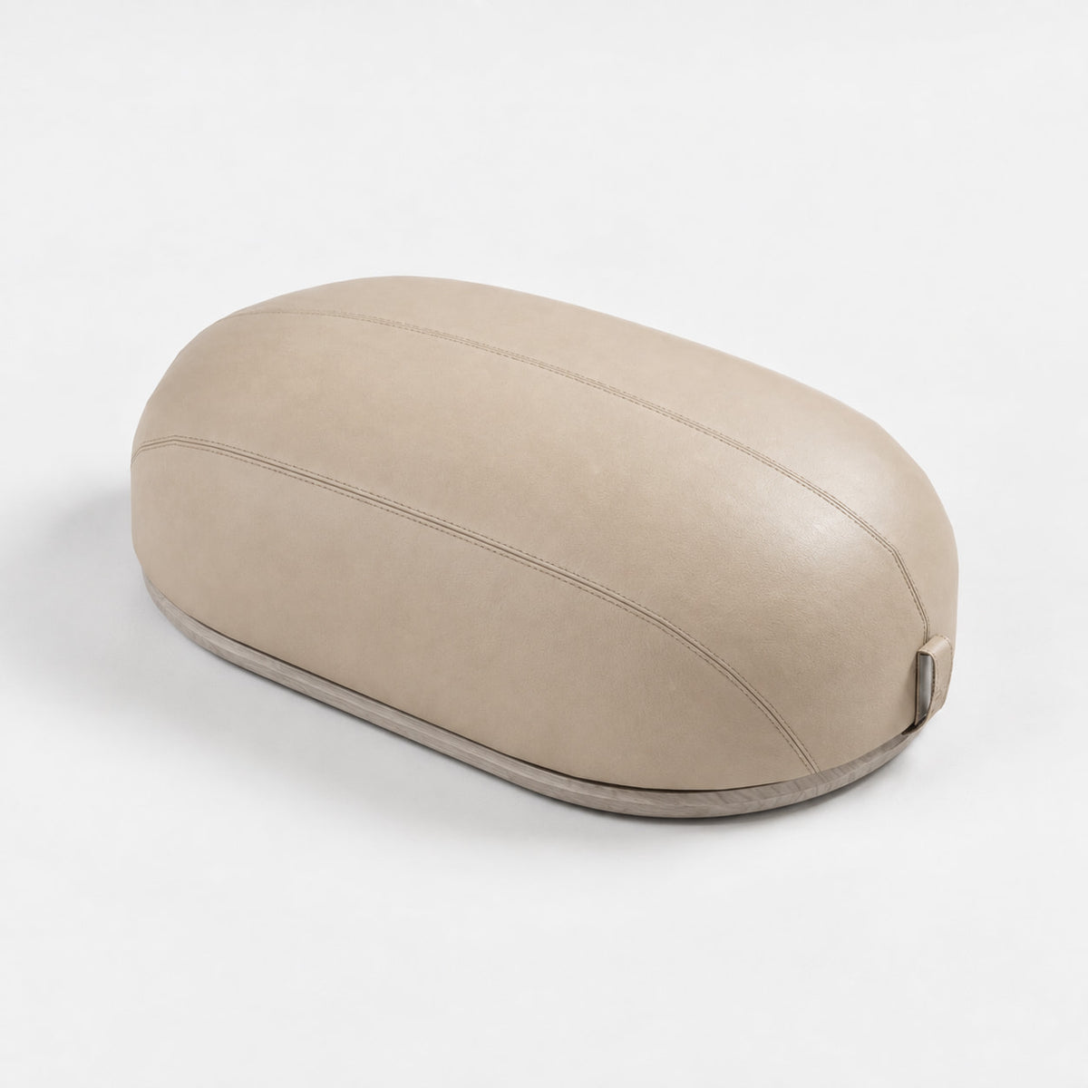 Tao Half Dome — angled view; Grey Ash wood, beige leather and natural stainless steel where applicable. FYSIK studio finish study — October 2026. Representative configuration.