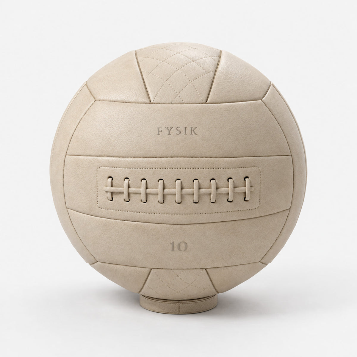 Yai Medicine Ball — front view; Grey Ash wood, beige leather and natural stainless steel where applicable. FYSIK studio finish study — October 2026. Representative configuration.