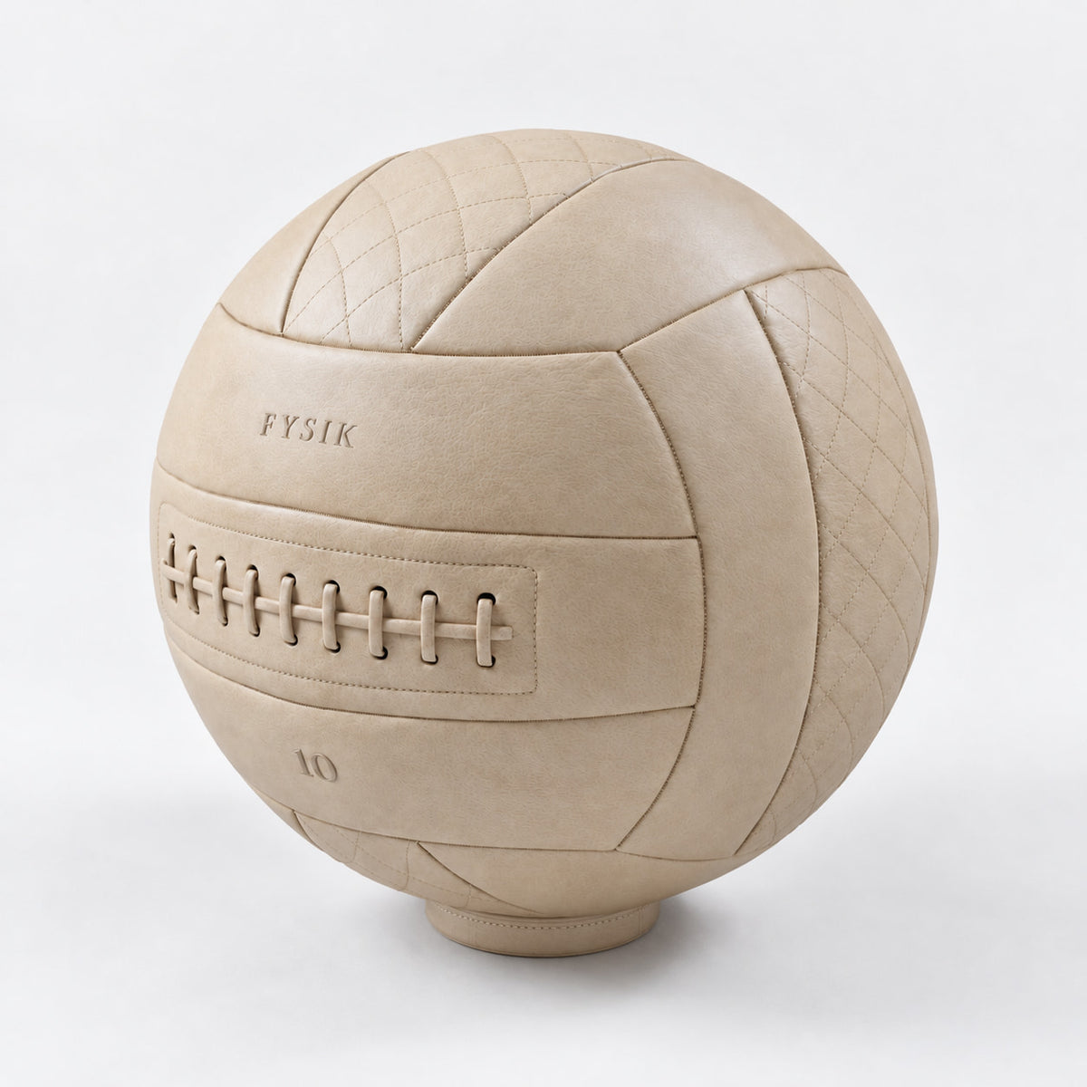 Yai Medicine Ball — angled view; Grey Ash wood, beige leather and natural stainless steel where applicable. FYSIK studio finish study — October 2026. Representative configuration.