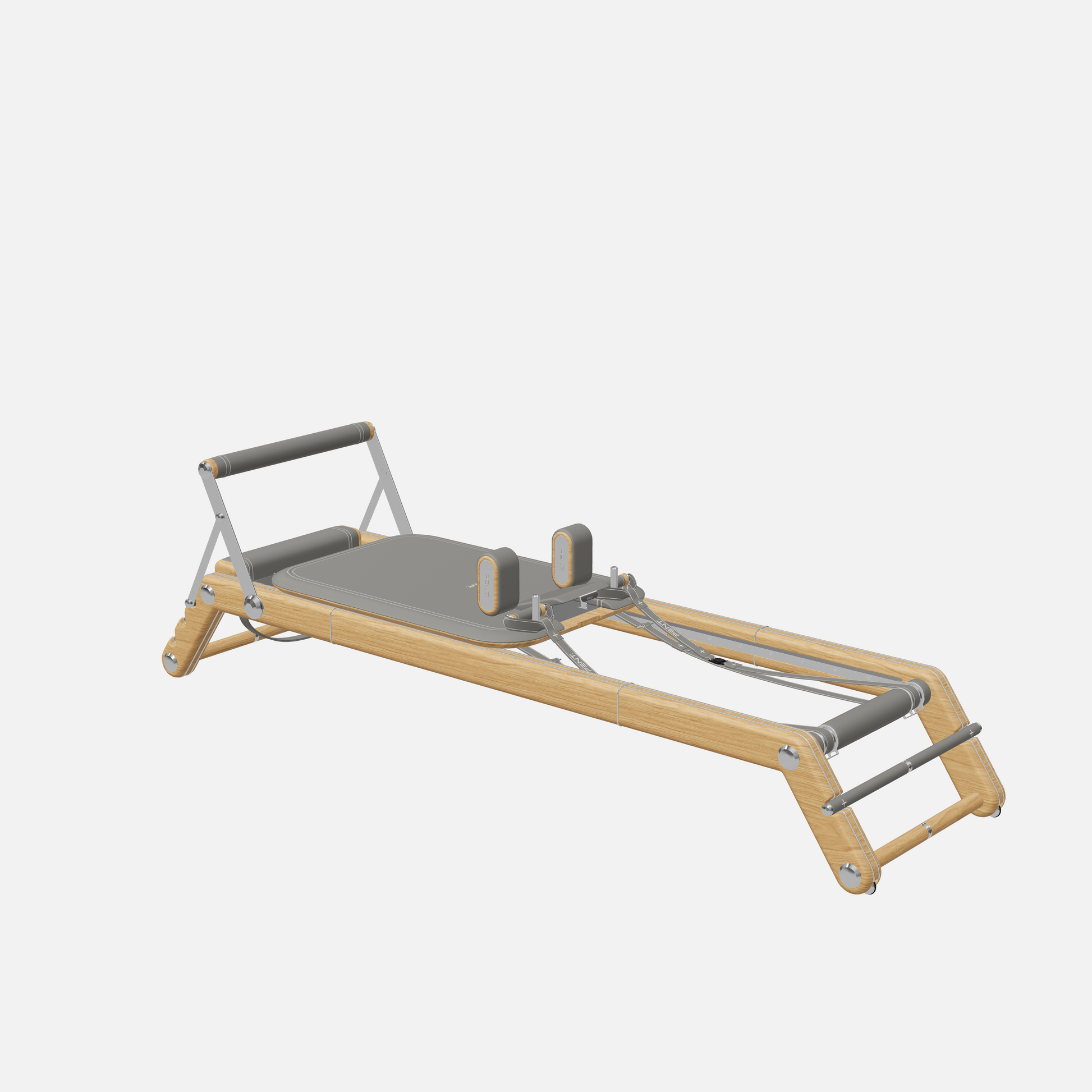 Joana Luxury Pilates Reformer — Stainless Steel, Natural Oak, Grey