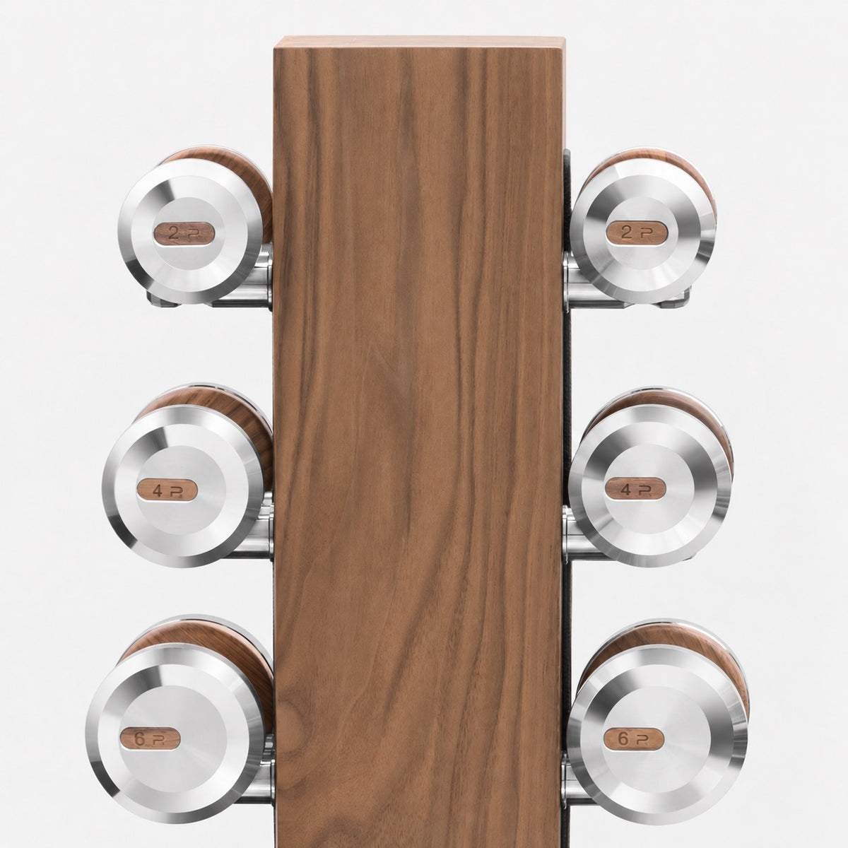 Colmia Vertical Weight Set, Full — PENT supplier dumbbell and wood detail; representative stainless steel and walnut finish